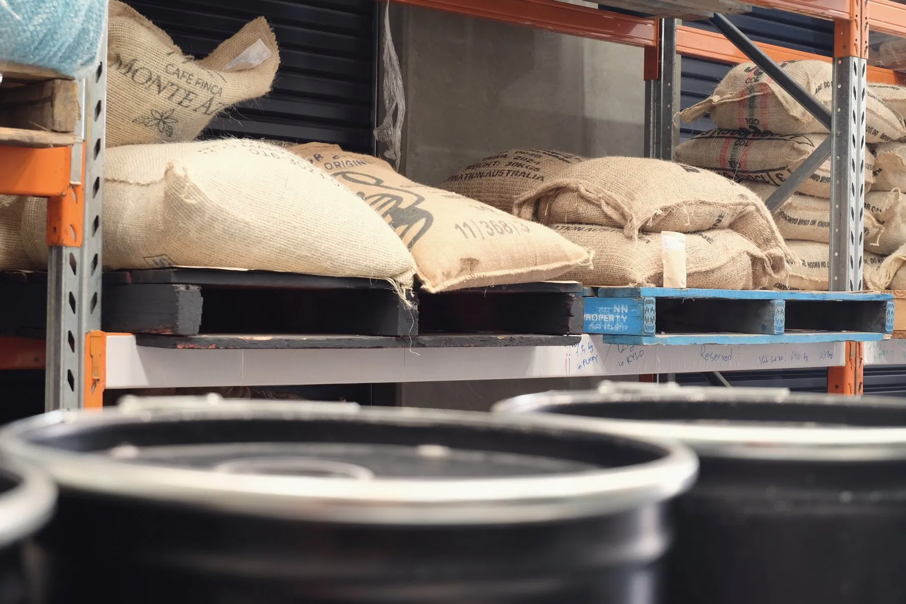 Sacks of green coffee on shelves