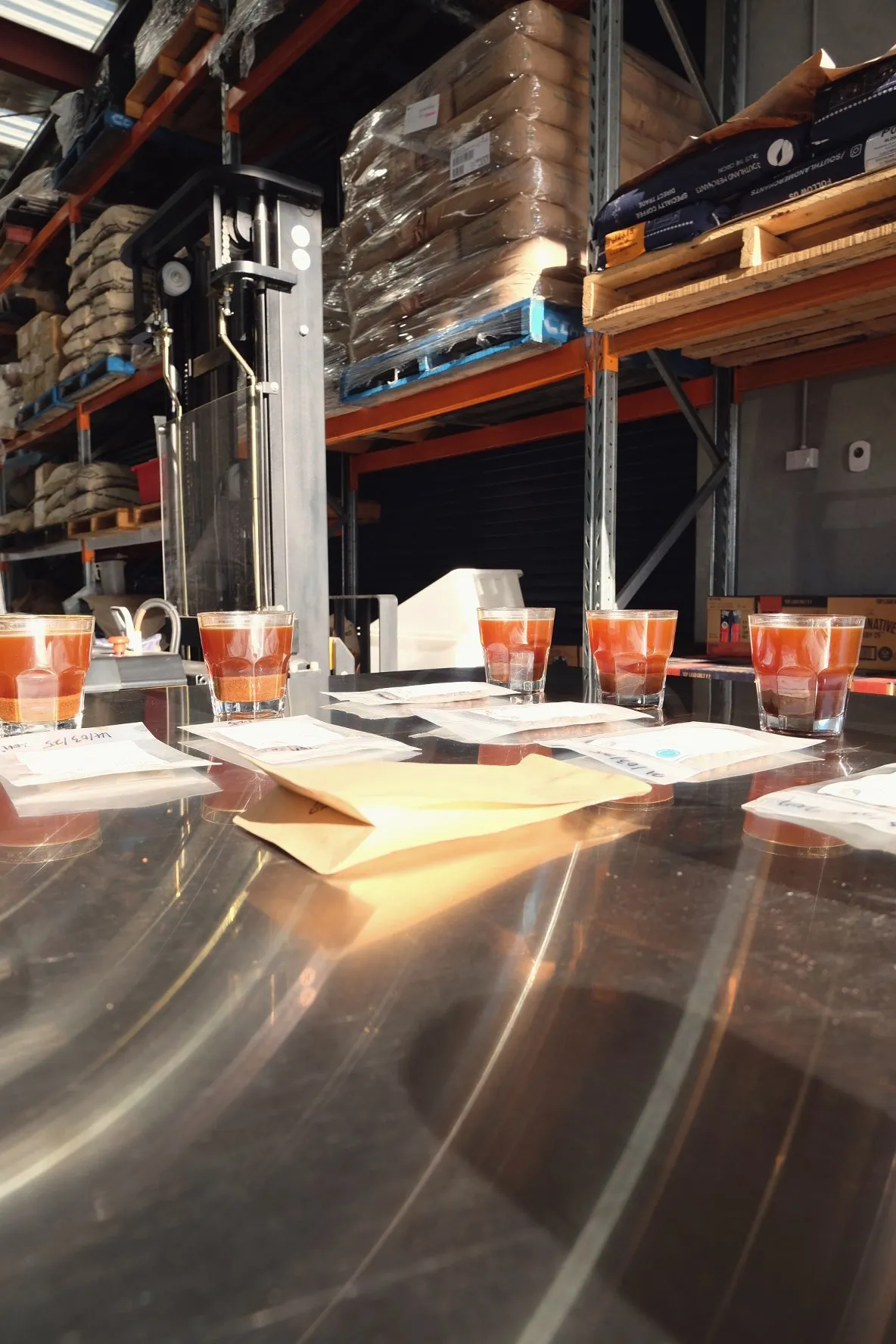 A worktable in a roastery lab