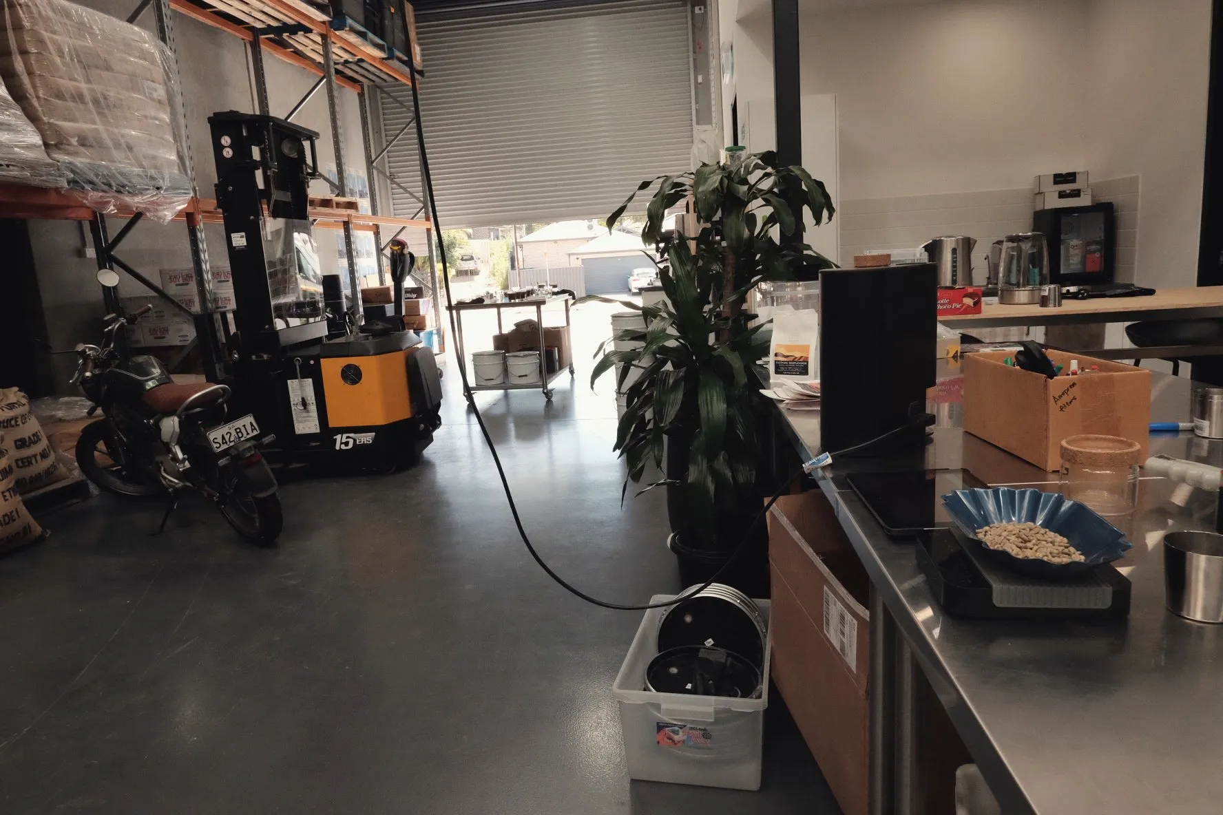 The warehouse space behind a roastery lab