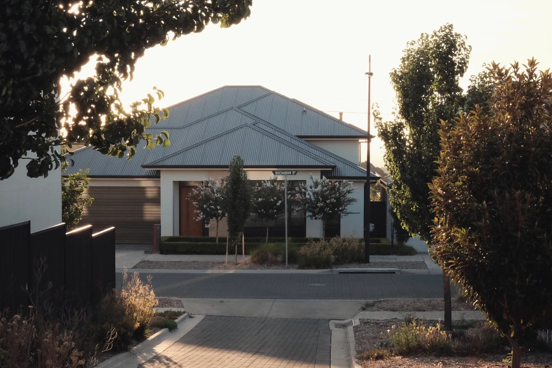 A suburban house with a tree in the front yard